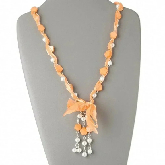 Orange and White Freshwater Pearl Shell Organza Ribbon Necklace - Picture 1 of 3